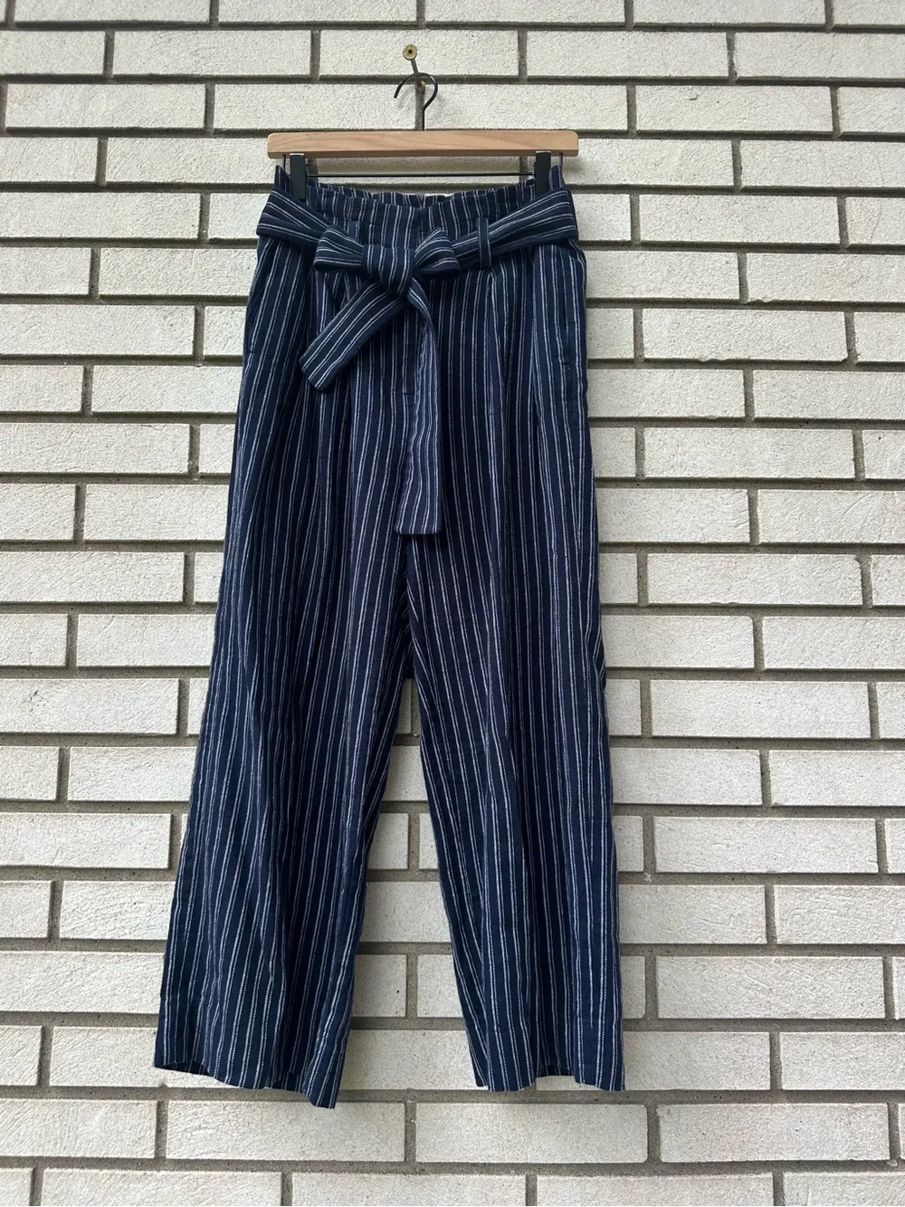 J.Crew Point Sur 4 Navy Stripe Linen Cotton Paperbag Wide Leg Cropped Pants